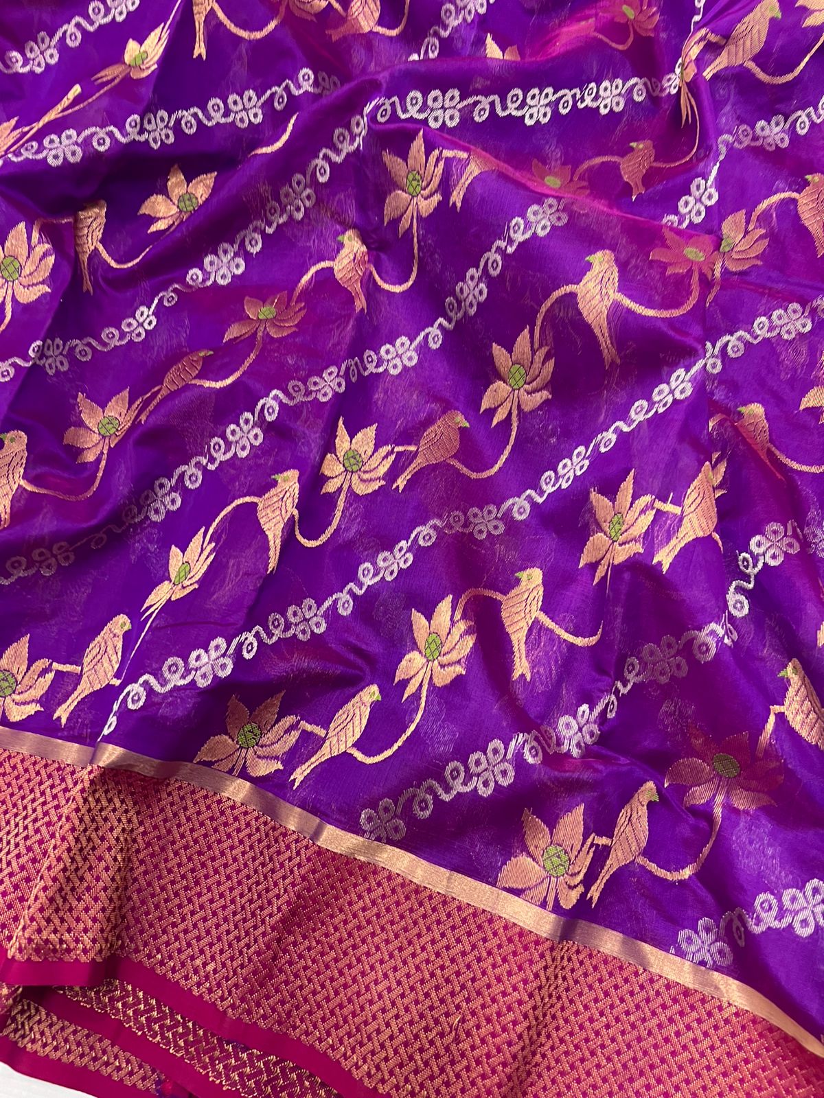 Purple Chanderi Handloom Pattu Silk Meenakari Handwork Saree