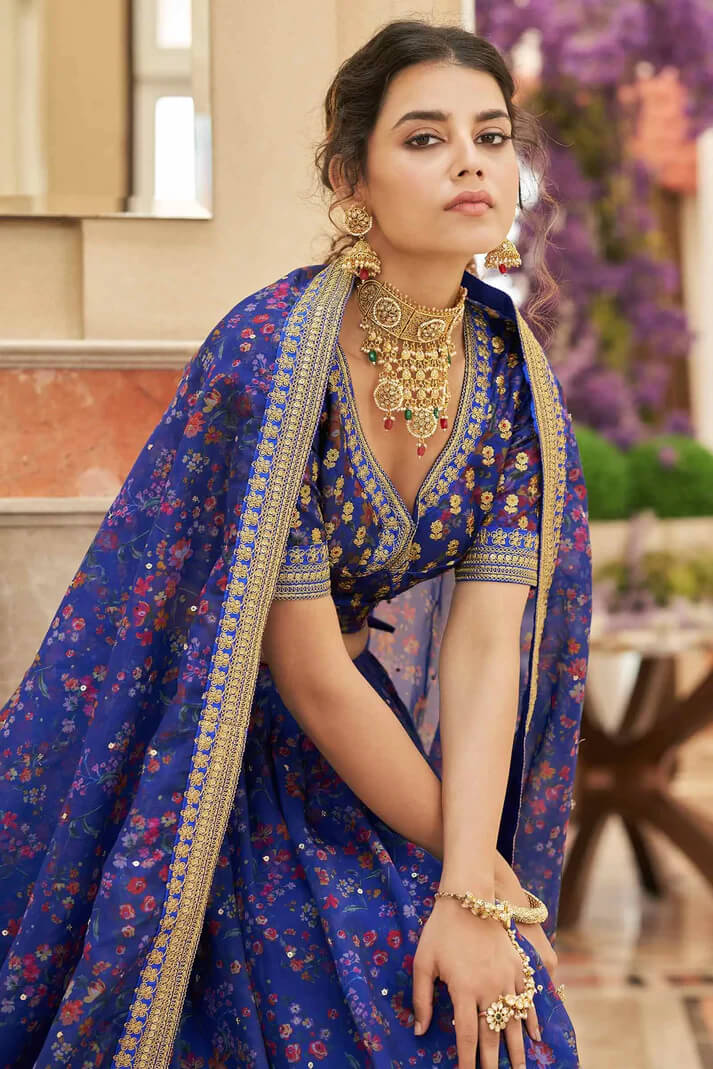 Blue Organza Floral Lehenga with Zari & Sequins Work