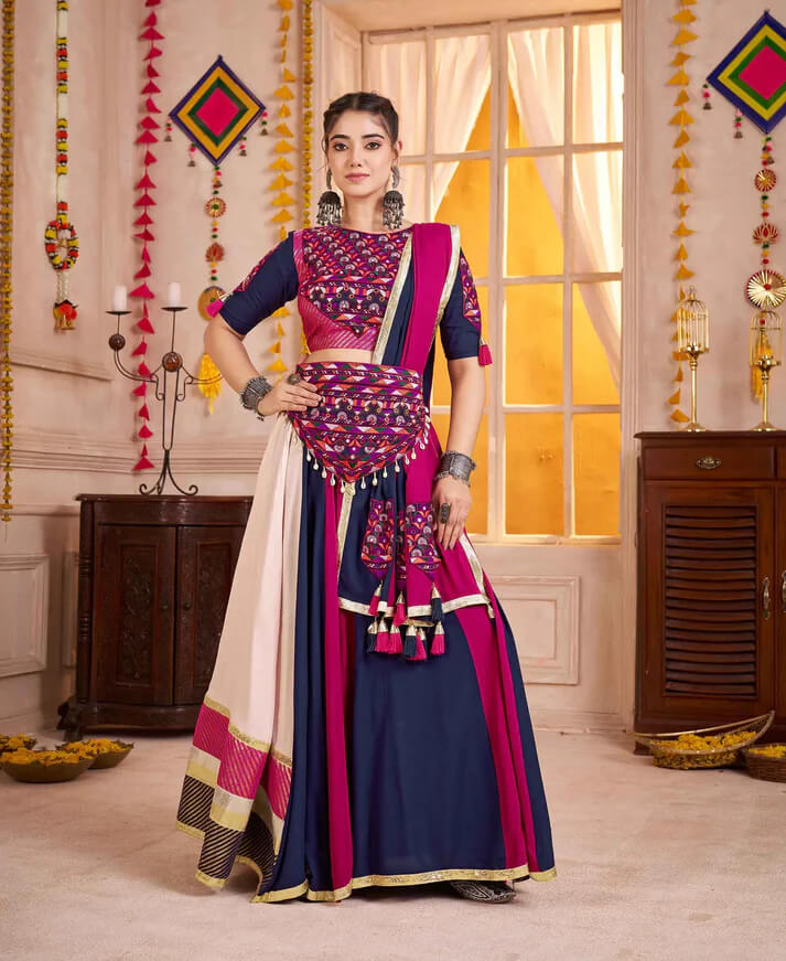Blue And Pink Navratri Lehenga With Kutchi Mirror Work Choli With Waist Belt