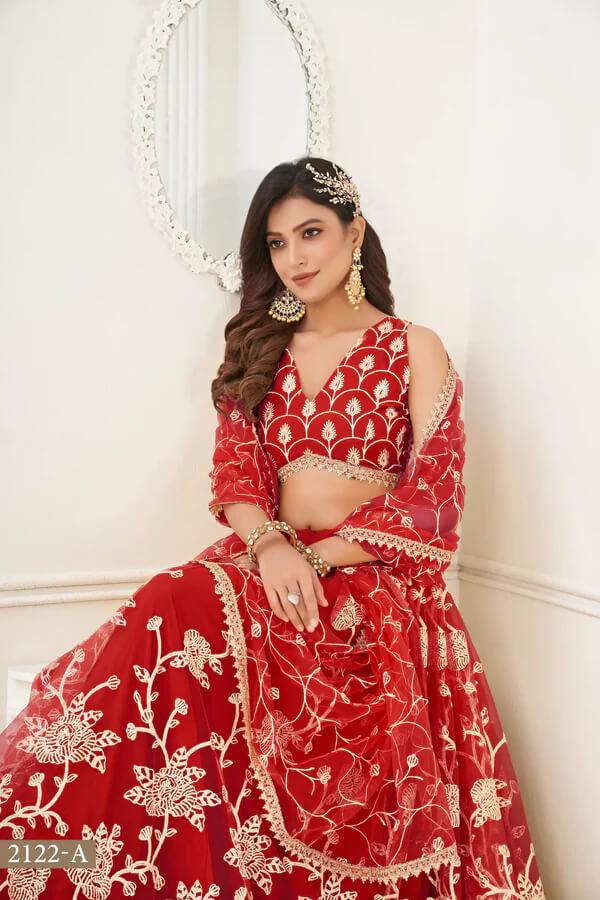Red Designer Embroidered Lehenga Choli
