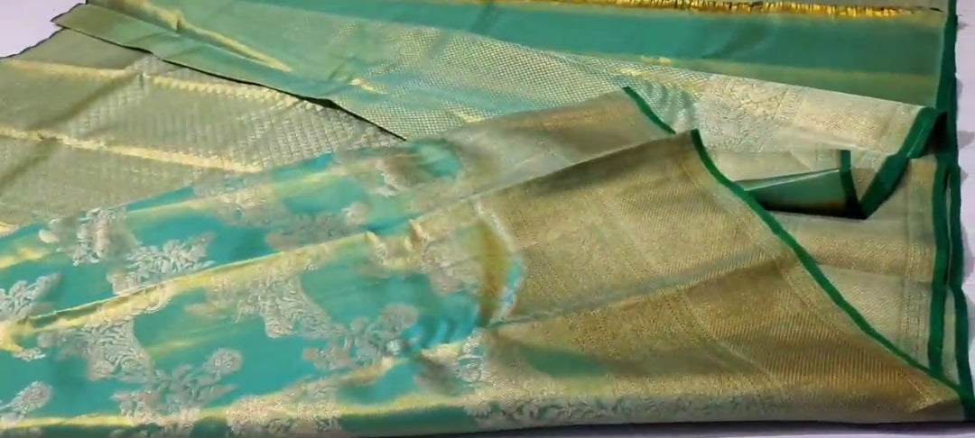 Dual Tone Green Kanchipuram Handloom Tissue Brocade Silk Saree