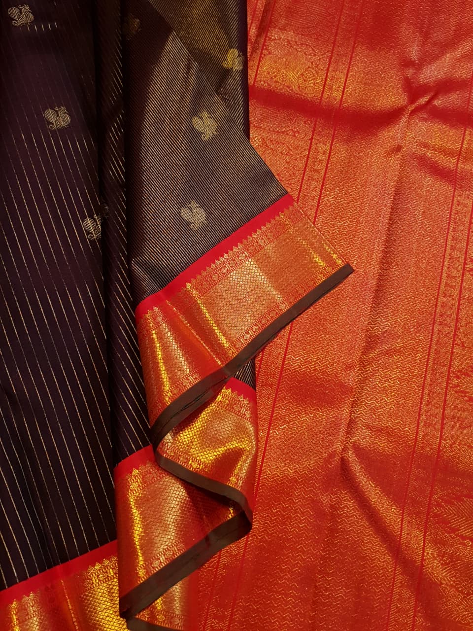 Wine Kanchipuram Handloom 3G Gold Vairaoosi Korvai Silk Saree