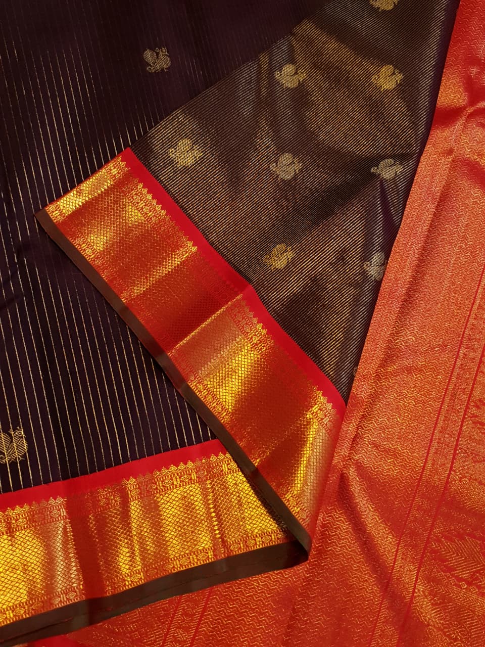 Wine Kanchipuram Handloom 3G Gold Vairaoosi Korvai Silk Saree