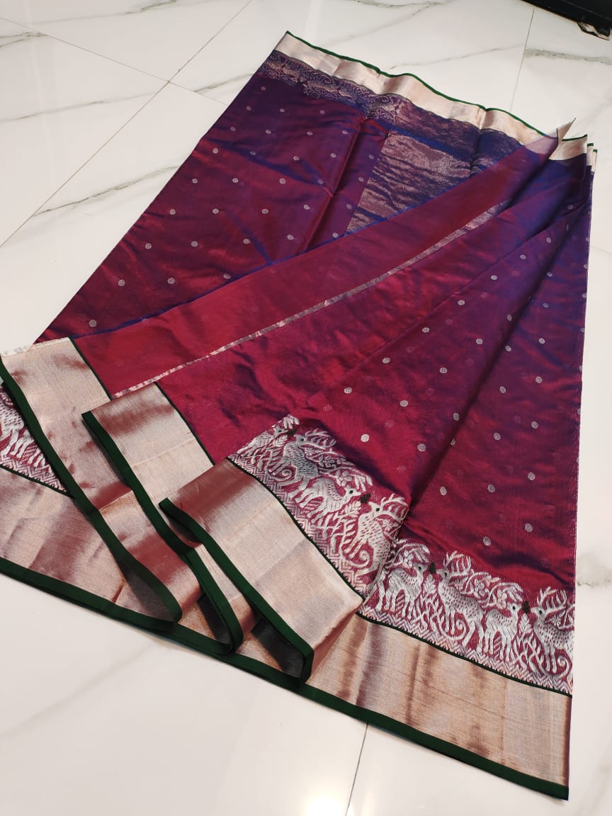 Maroon Chanderi Håndvæv Pattu Silke Håndværk Meenakari Saree