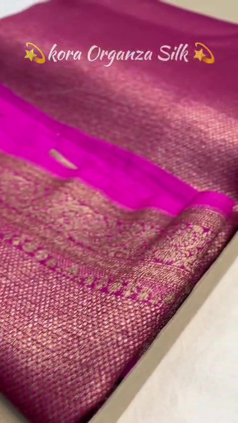 Hot Pink Banarasi Håndvæv Kora Organza Silk Saree