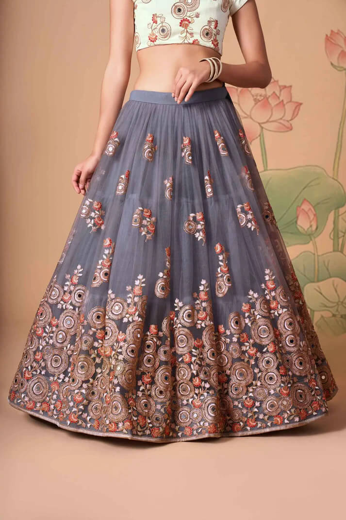 Grey Net Lehenga with Zari, Sequins & Mirror Work
