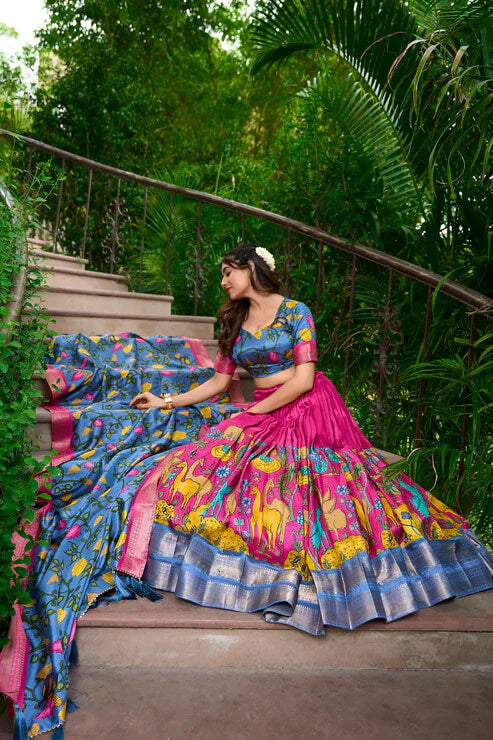 Elegant Pink Dola Silk Lehenga Choli with Kalamkari Print & Zari Work