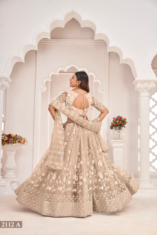 Elegant Beige Net Embroidered Lehenga Choli