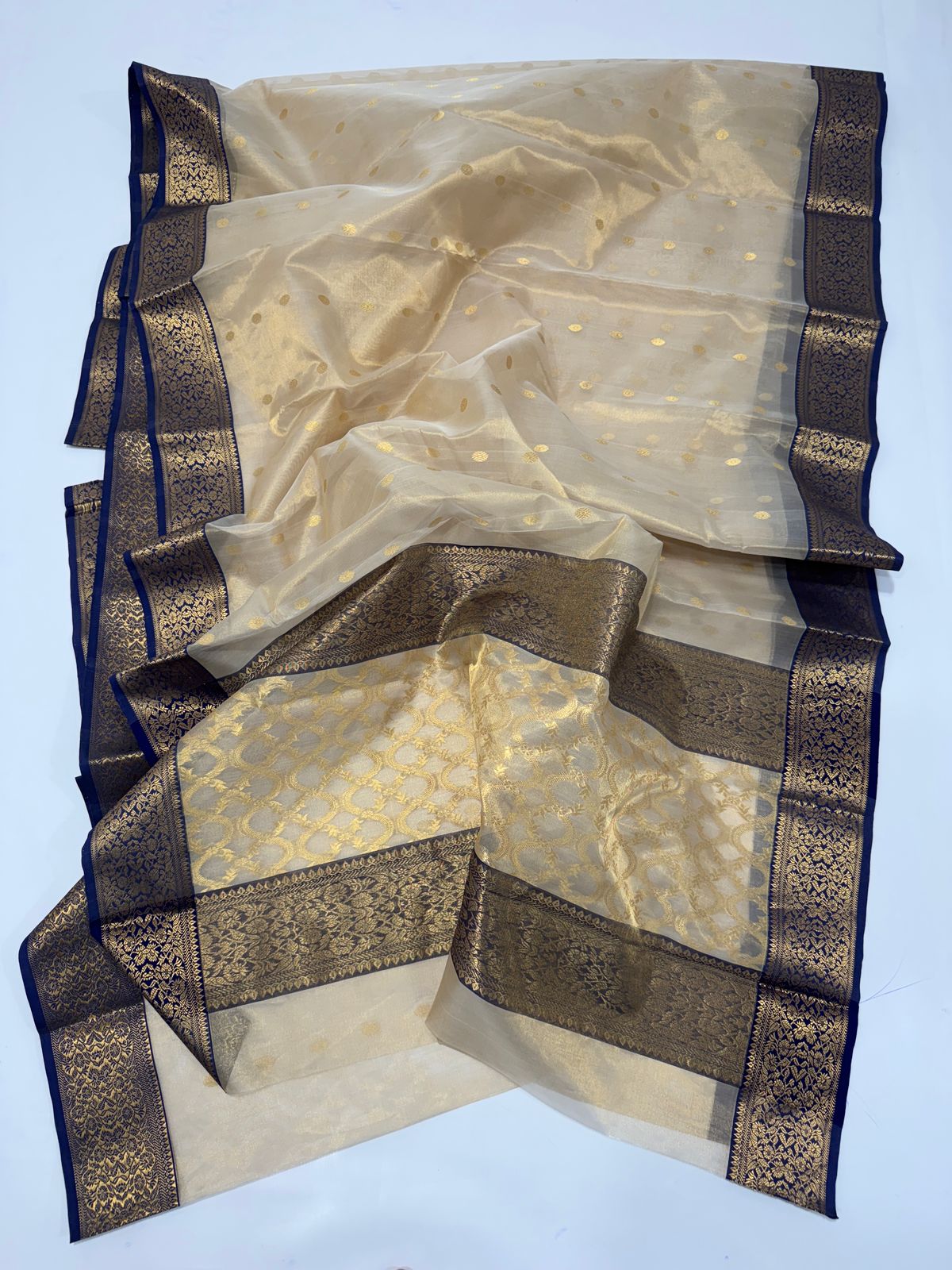 Beige Chanderi Handloom Katan Tissue Silk Saree