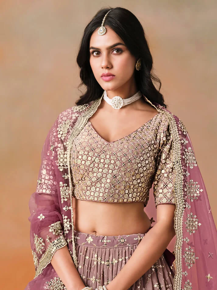 Maroon-Mauve Gradient Georgette Lehenga with Zari & Sequins