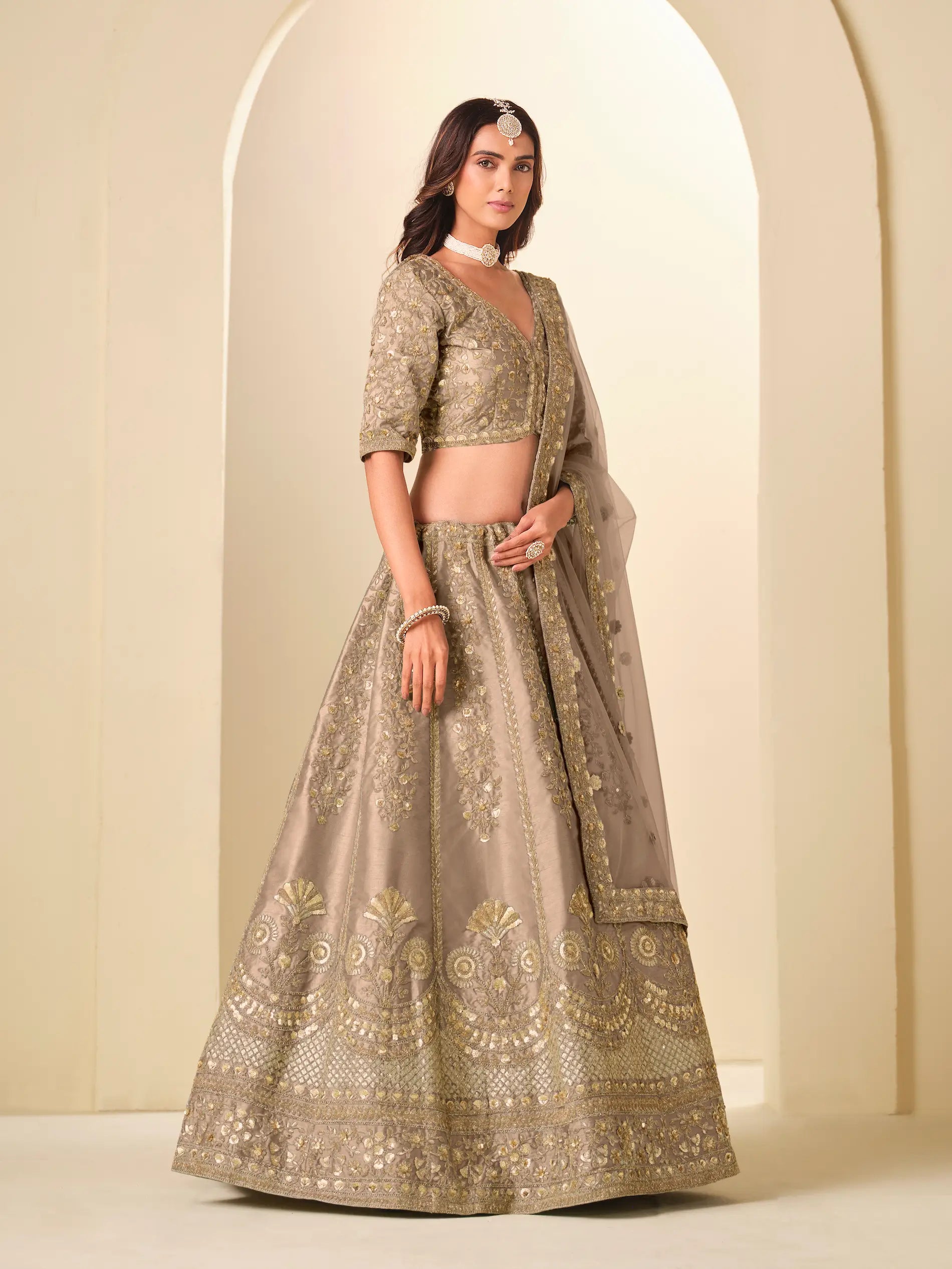 Pale Brown Sequins Embroidery Art Silk Lehenga Choli