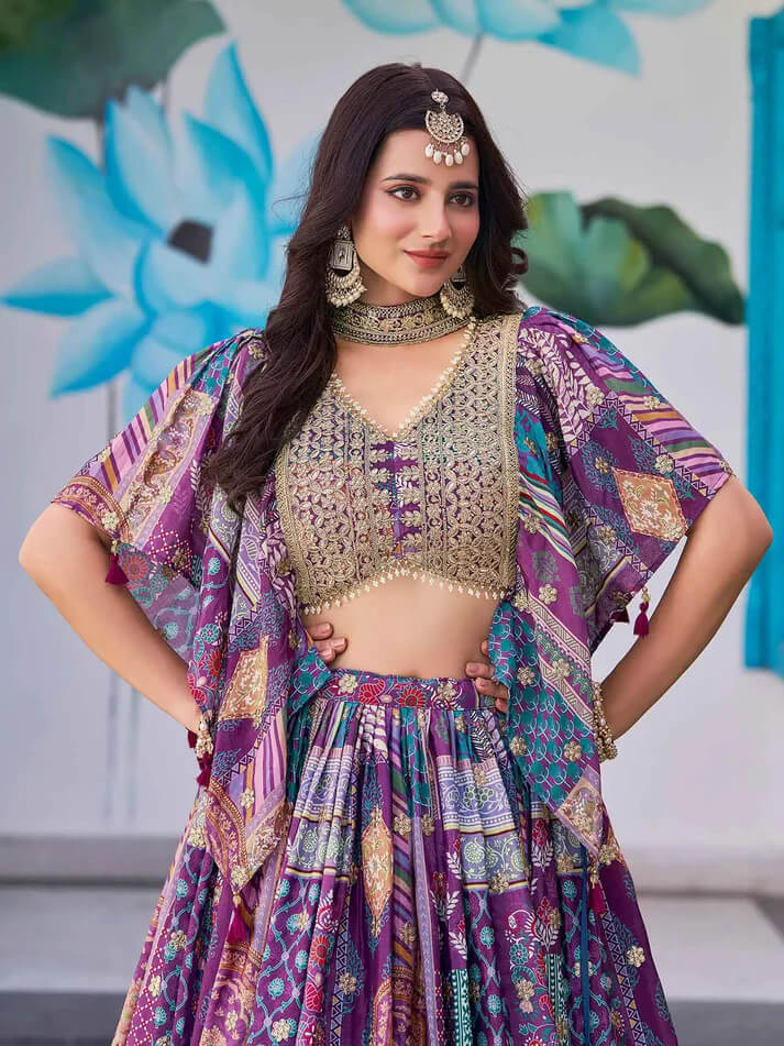 Purple Digital Print Lehenga with Choker Dupatta