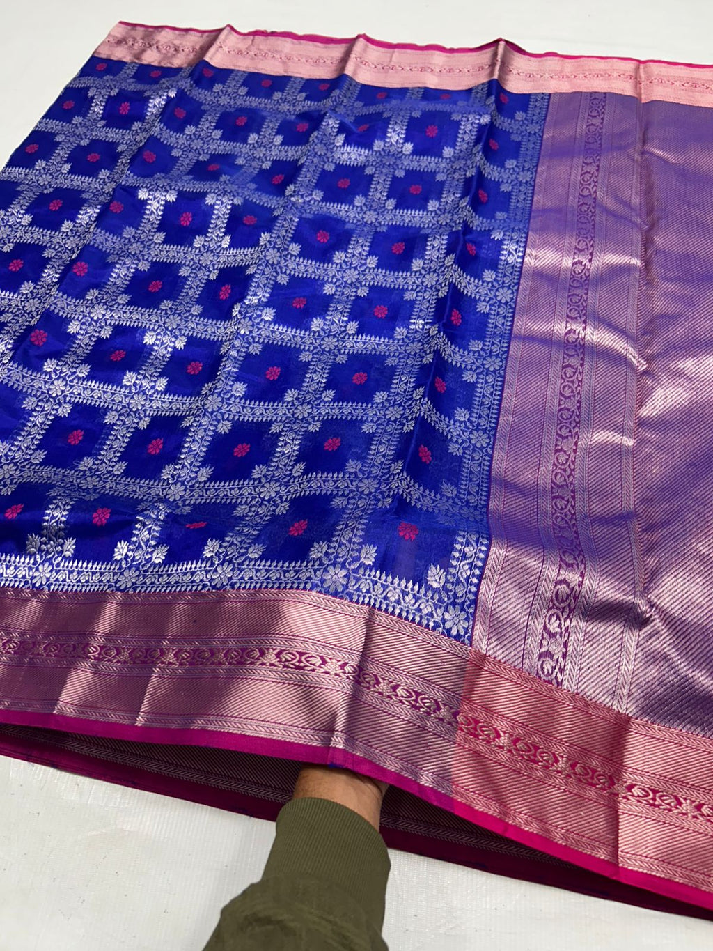 Royal Blue Chanderi Håndvævet Pattu Silk Meenakari Saree