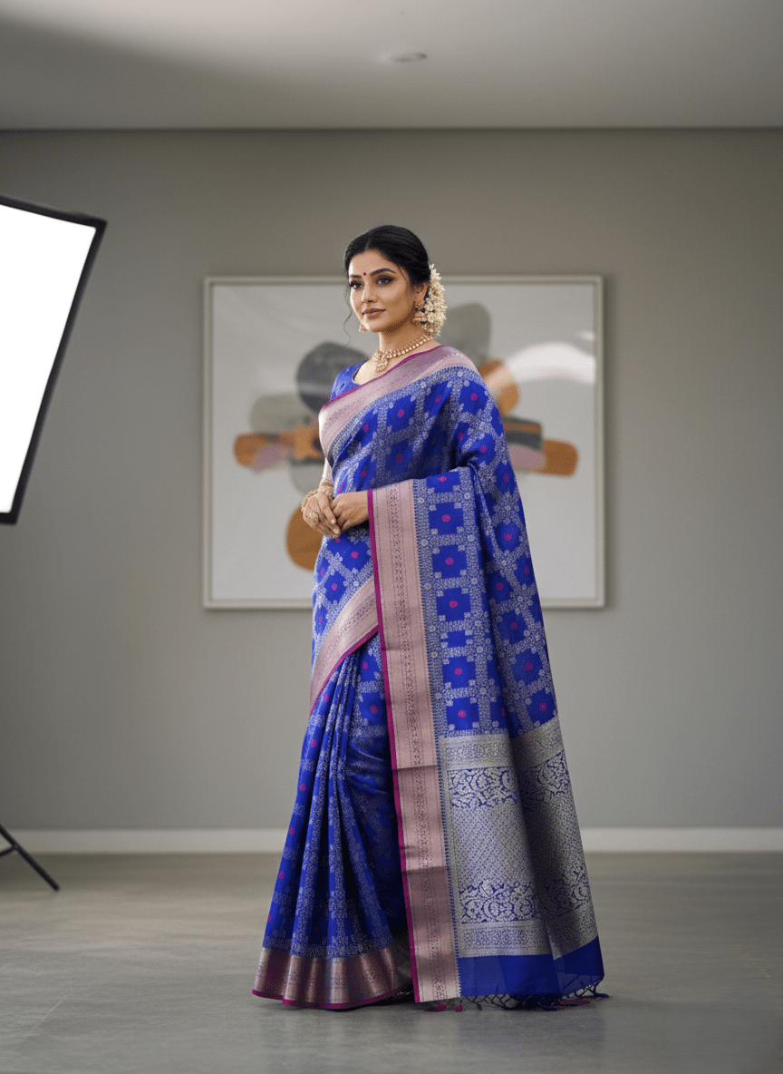 Royal Blue Chanderi Håndvævet Pattu Silk Meenakari Saree