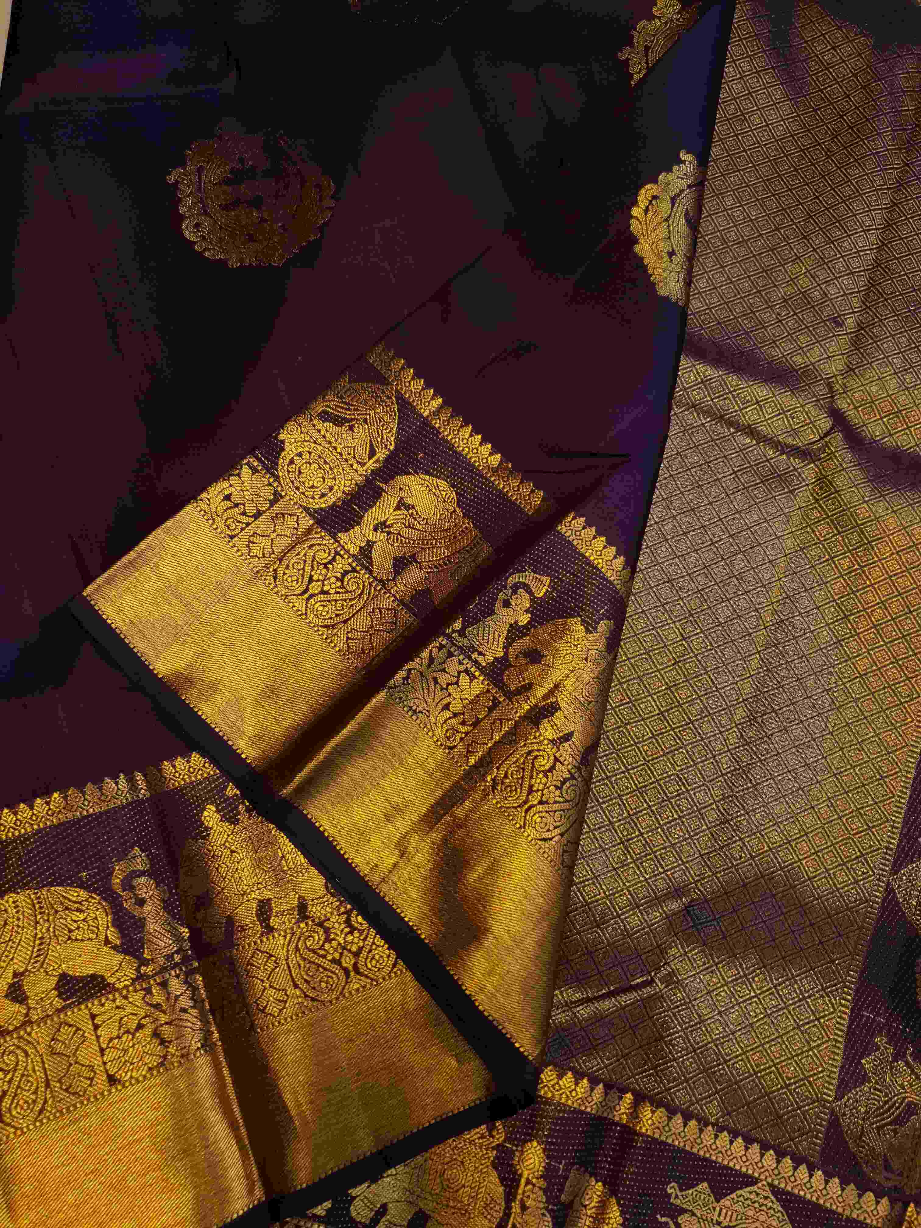 Indigo Kanchipuram Handloom 2G Gold Pattu Silk Saree