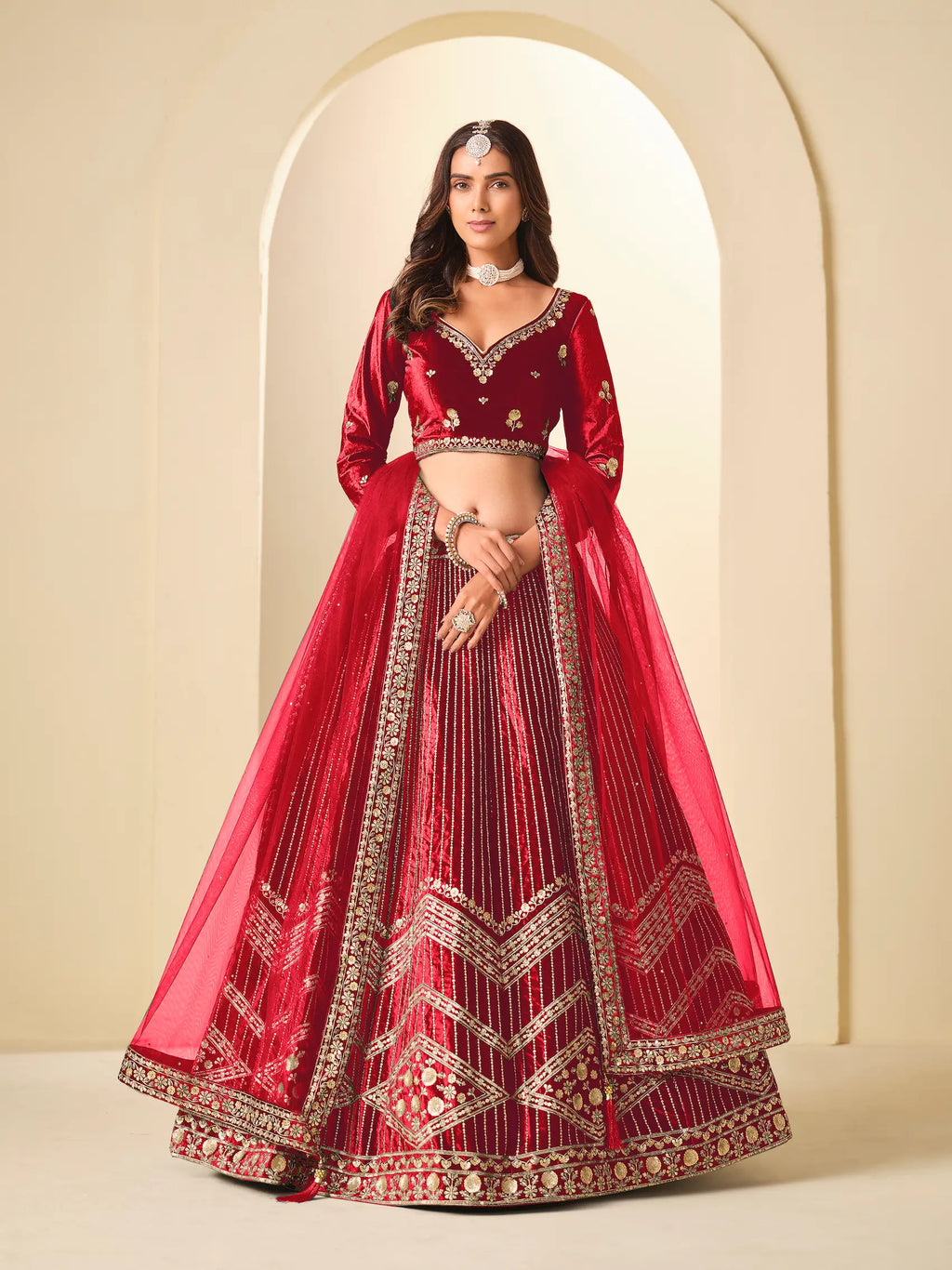chili Red Sequins Embroidery Work Velvet Lehenga Choli