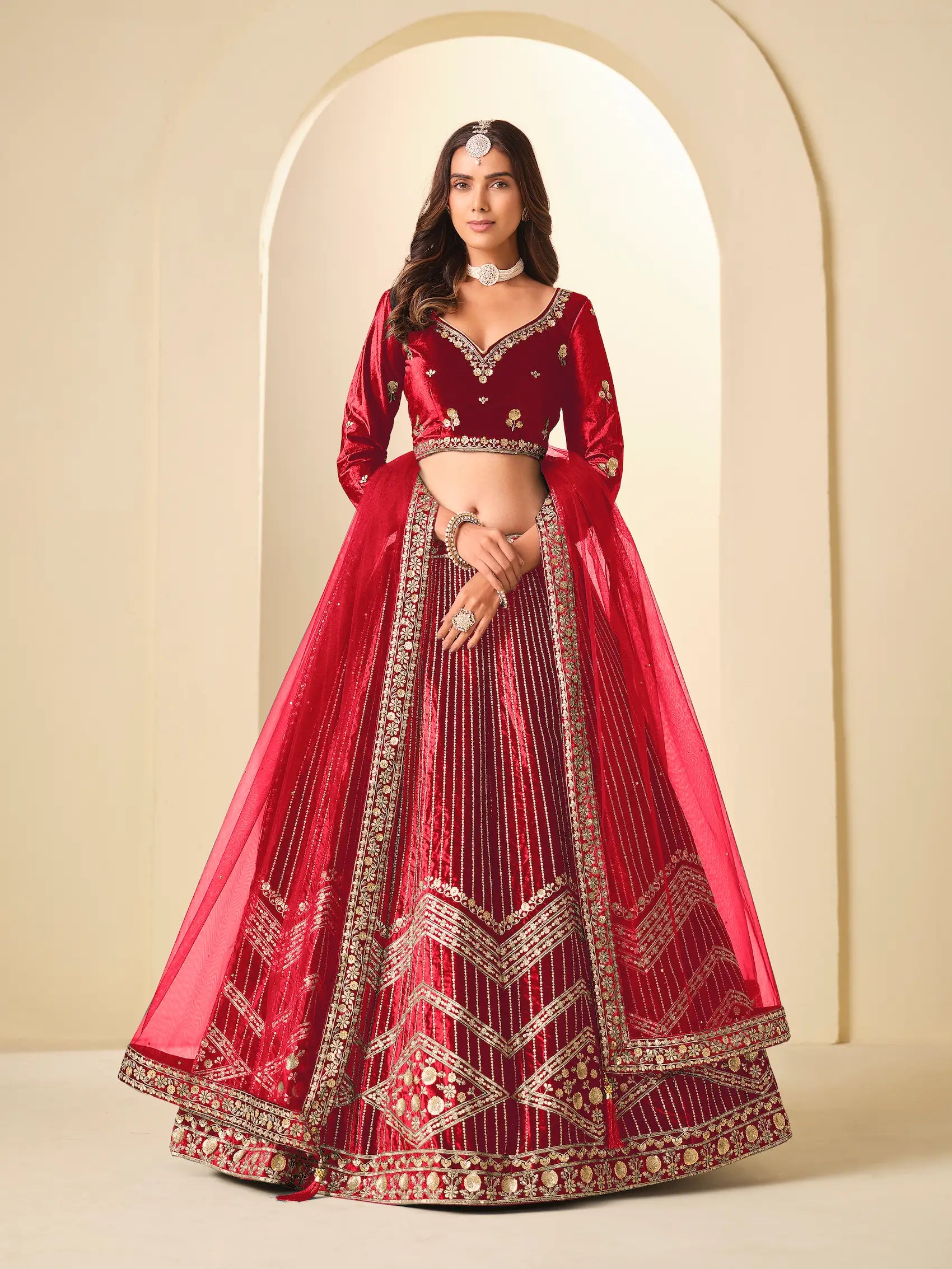 chili Red Sequins Embroidery Work Velvet Lehenga Choli