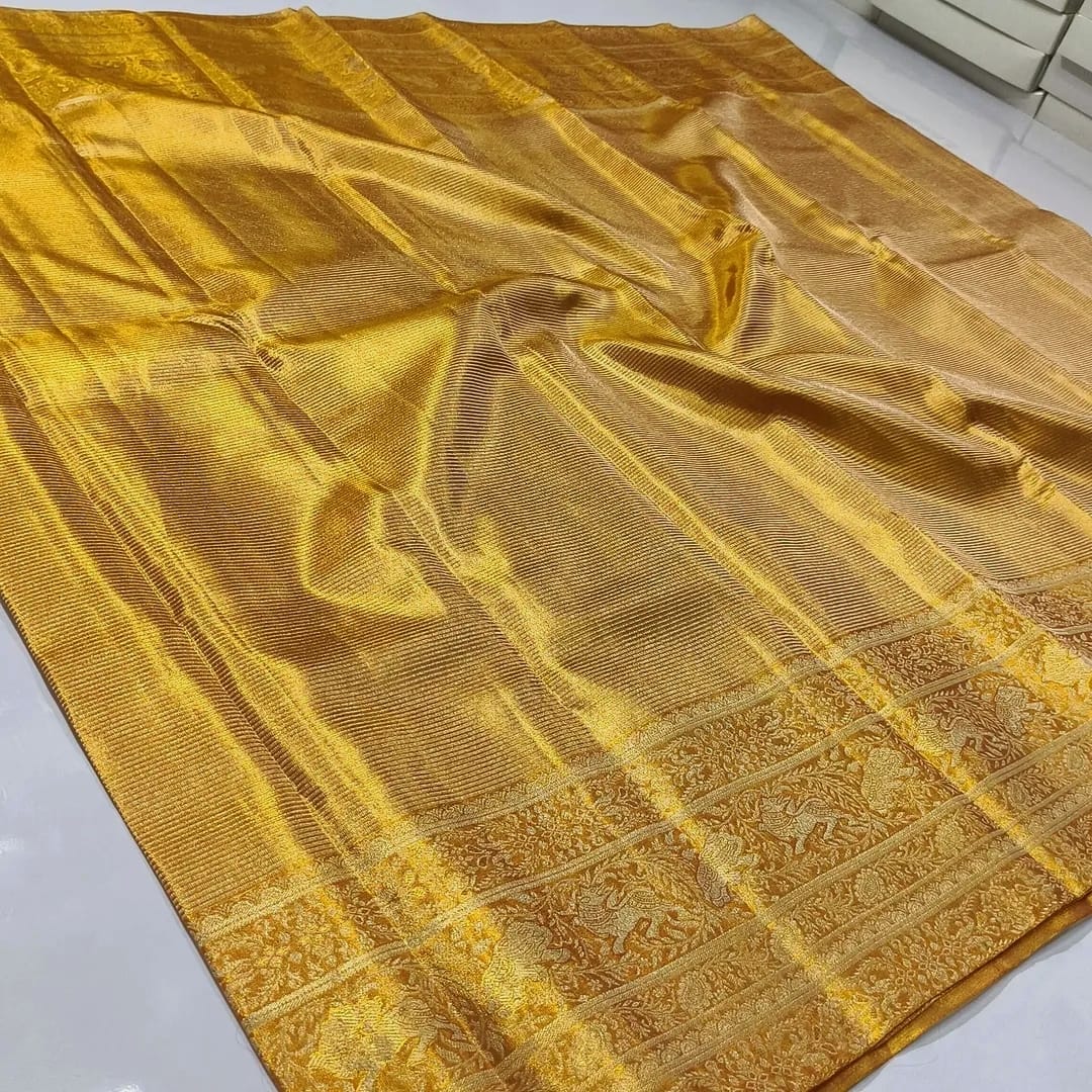 Guld Kanchipuram Håndvævet Brokade Silke Brudesari