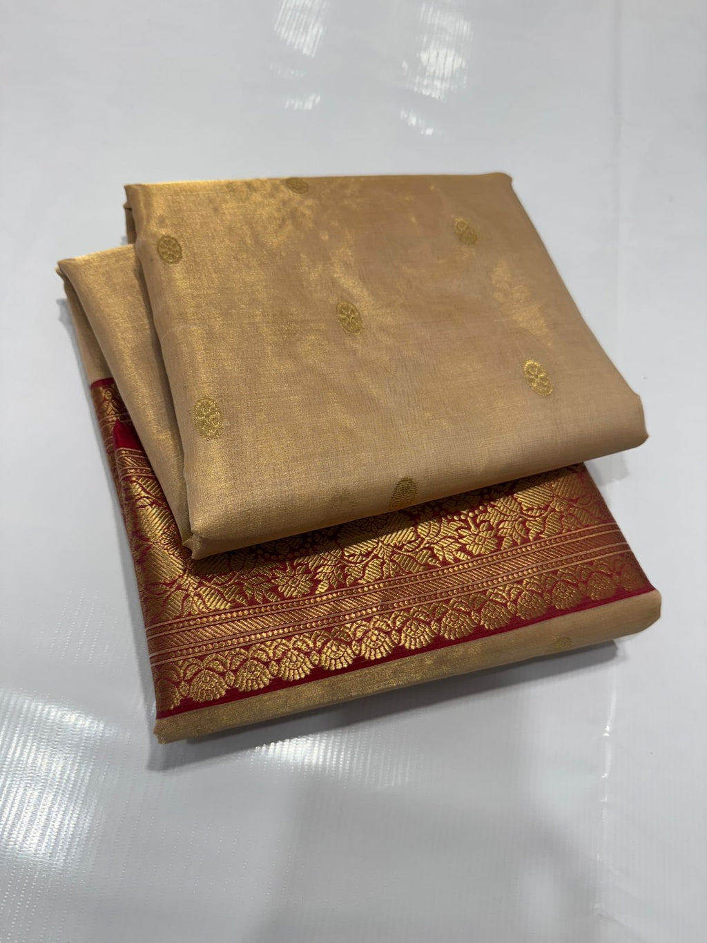 Beige Chanderi Handloom Katan Tissue Silk Saree