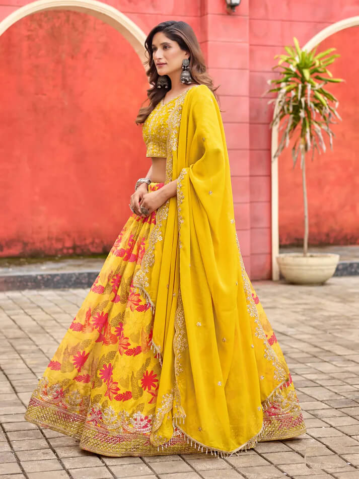 Yellow Taby Silk Lehenga with Floral Print & Embroidery