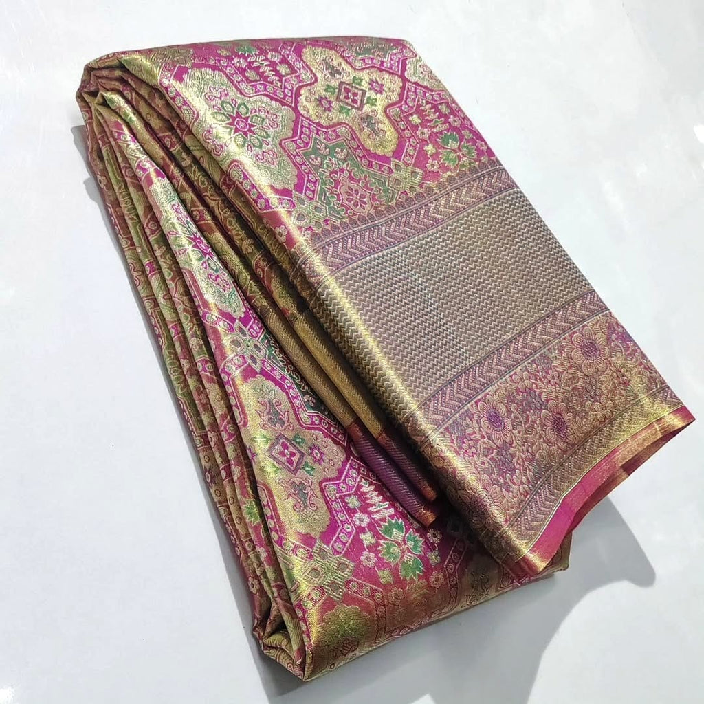 Hot Pink Kanchipuram Handloom Tissue Brocade Meenakari Silk Saree