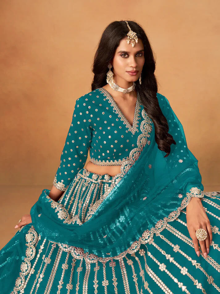 Teal Blue Art Silk Lehenga with Mirror & Embroidery