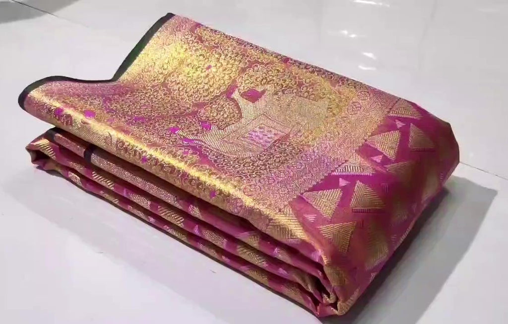 Hot Pink Kanchipuram Handloom Tissue Brocade Silk Saree