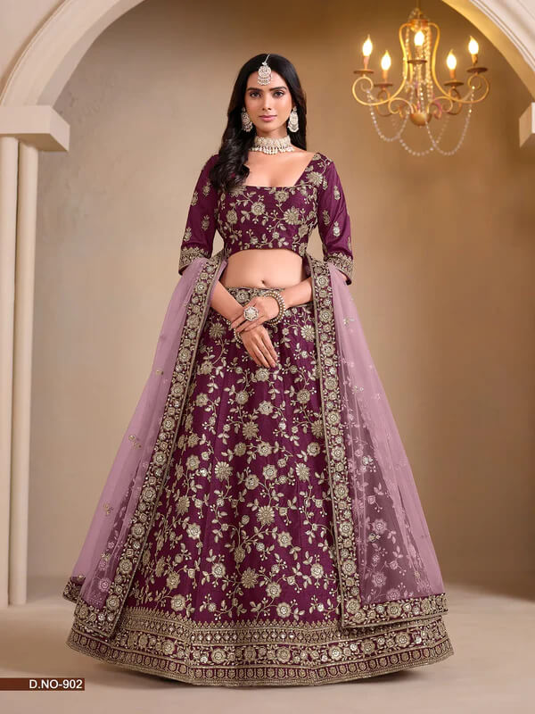 Elegant Wine Art Silk Lehenga Choli with Embroidery