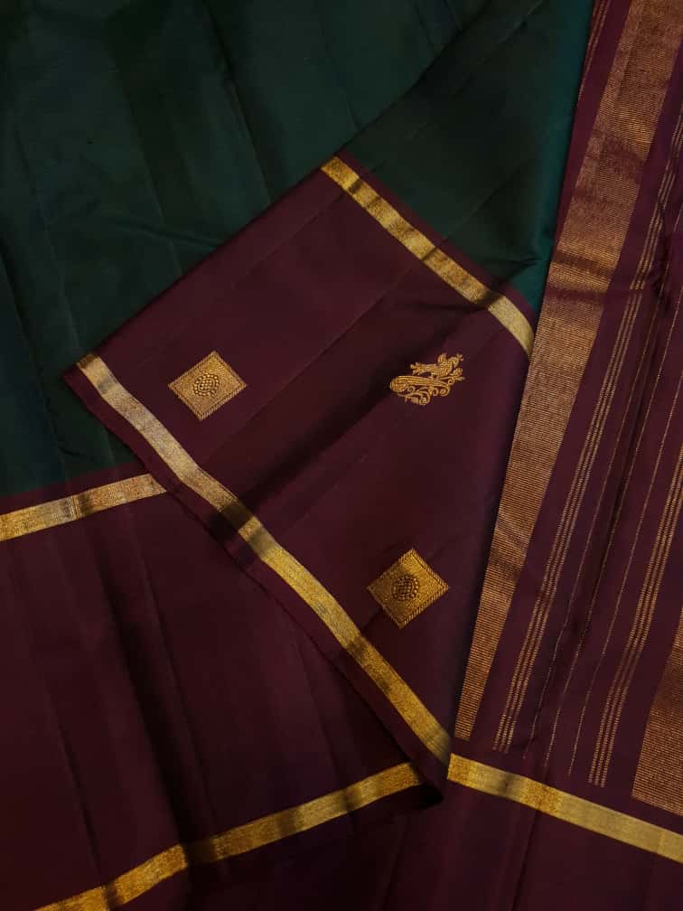 Bottle Green Kanchipuram Handloom 2G Gold Pattu Silk Saree