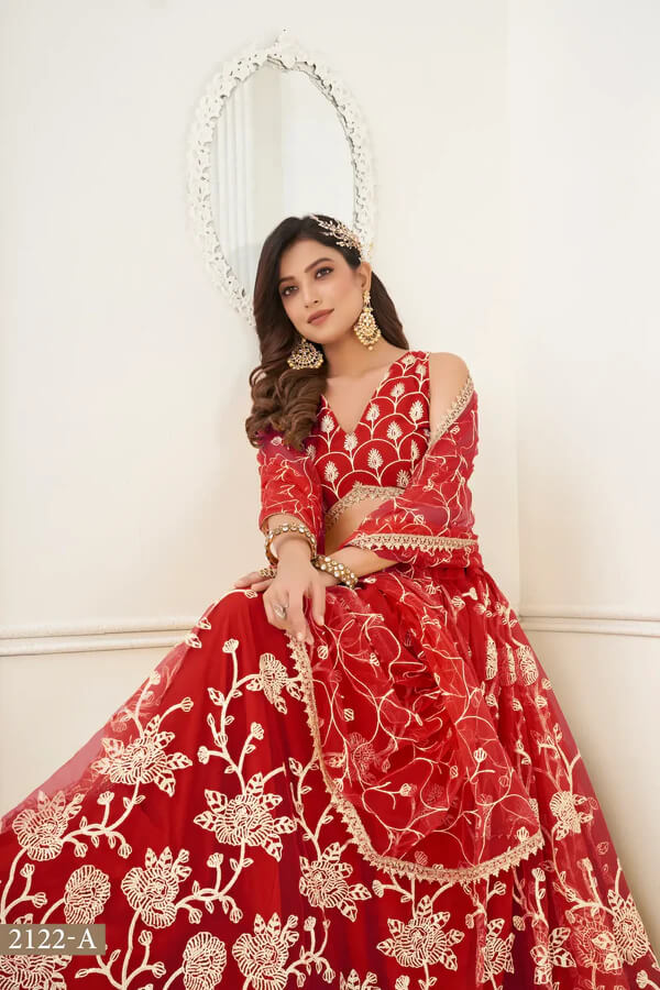 Red Designer Embroidered Lehenga Choli