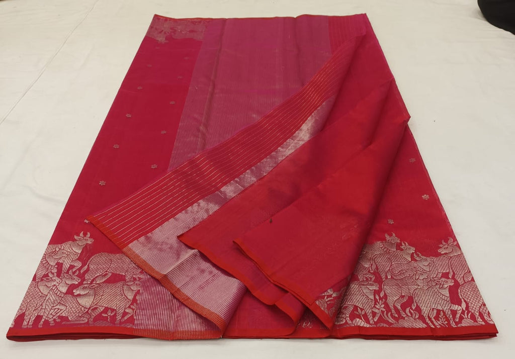 Red Chanderi Handloom Pattu Silk Handwork Saree