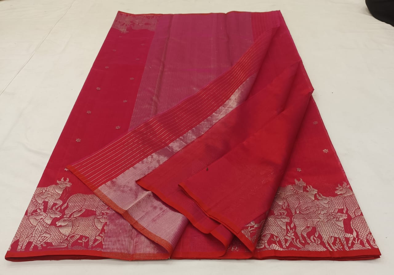 Red Chanderi Handloom Pattu Silk Handwork Saree