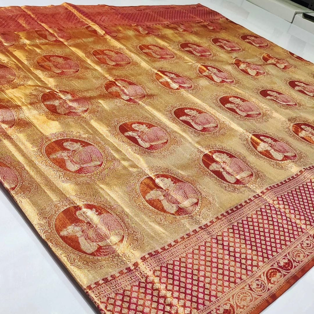 Coral Kanchipuram Handloom Tissue Brocade Silk Saree