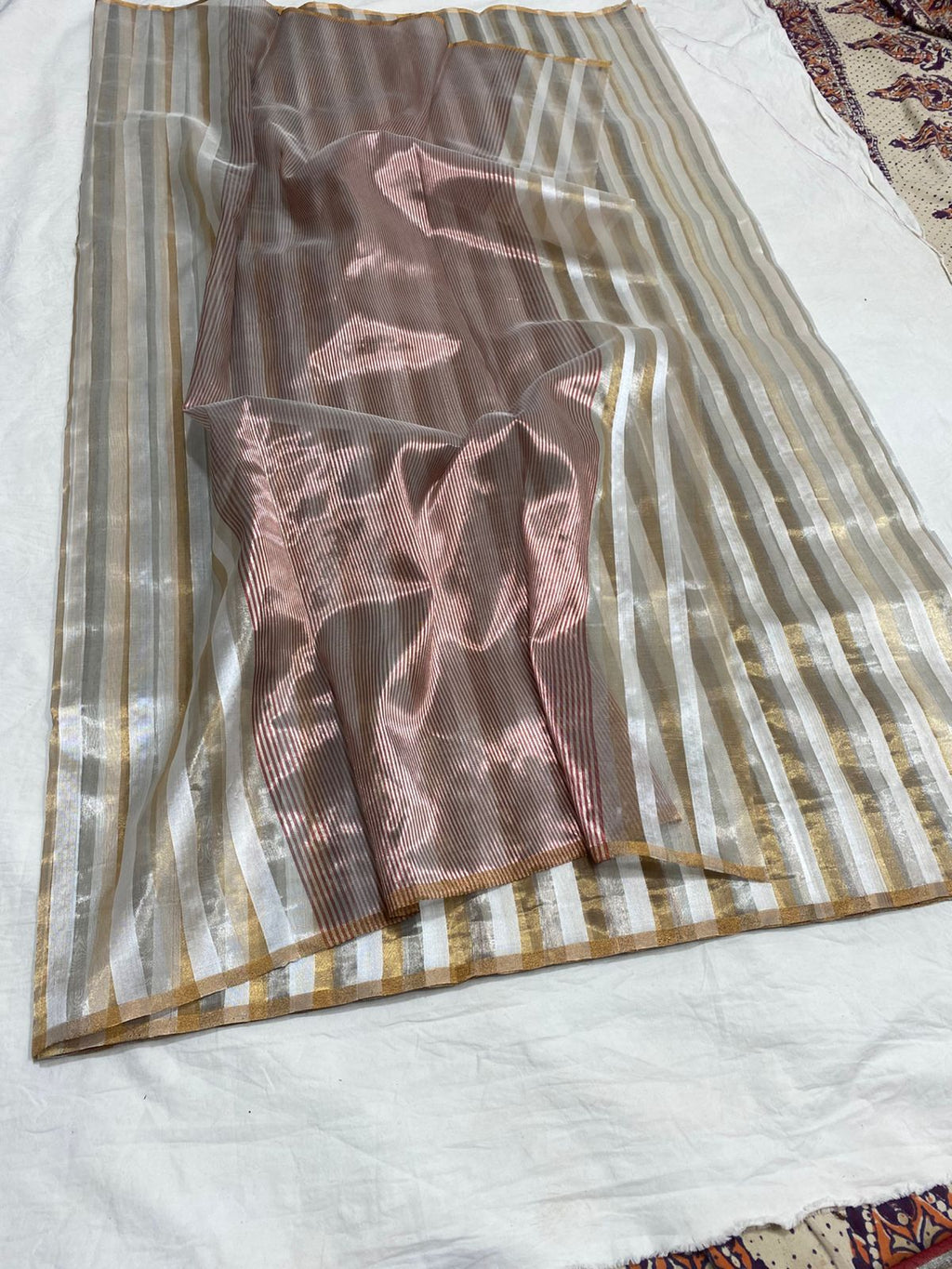 Off White Chanderi Handloom Pattu Silk Striped Saree