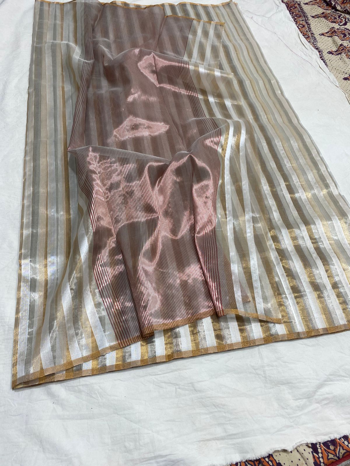 Off White Chanderi Handloom Pattu Silk Striped Saree