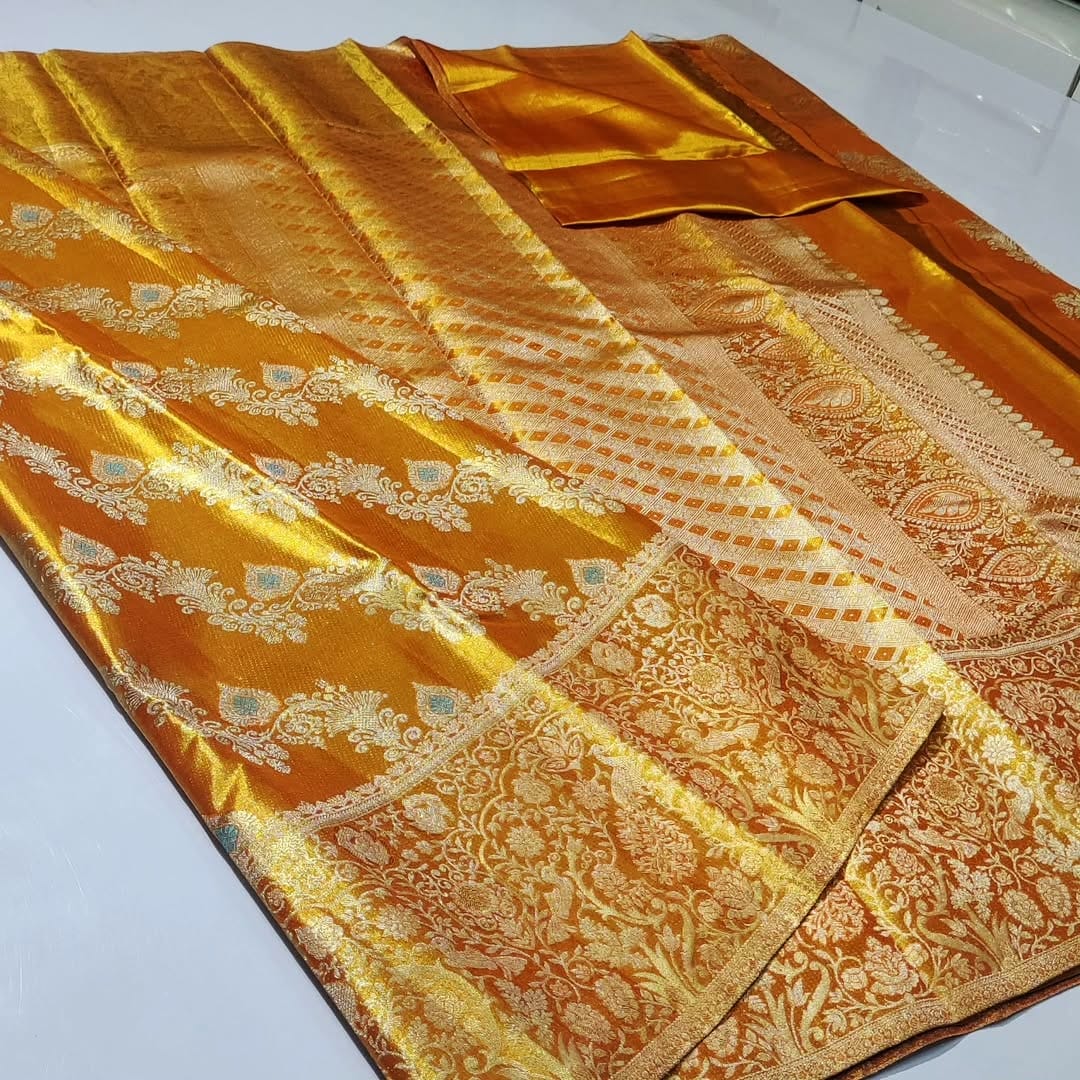 Orange Kanchipuram Handloom Tissue Brocade 1G Gold Bridal Saree