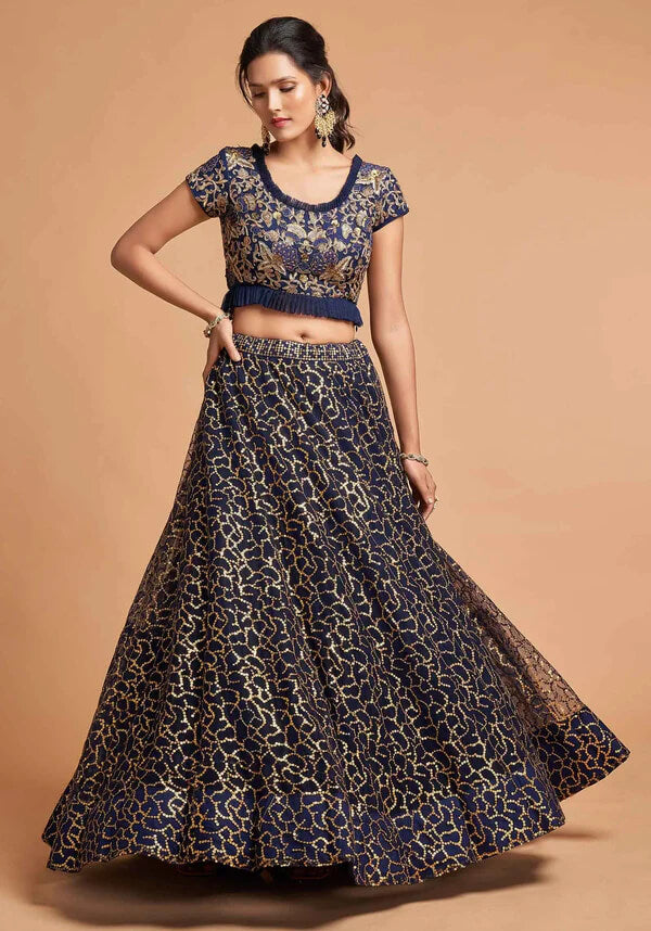Navy Blue Soft Net Lehenga with Zari & Thread Work