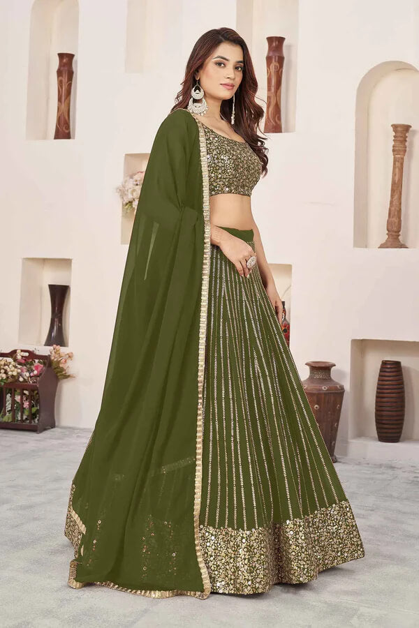 Dark Olive Green Georgette Lehenga with Zari & Sequins
