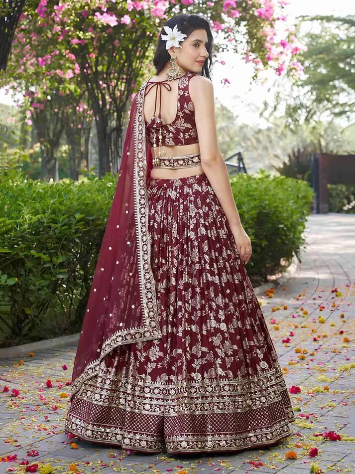 Maroon Jacquard Lehenga with Zari & Sequins Work