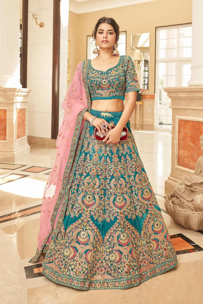 Blue Velvet Lehenga with Thread, Zari & Sequins Work
