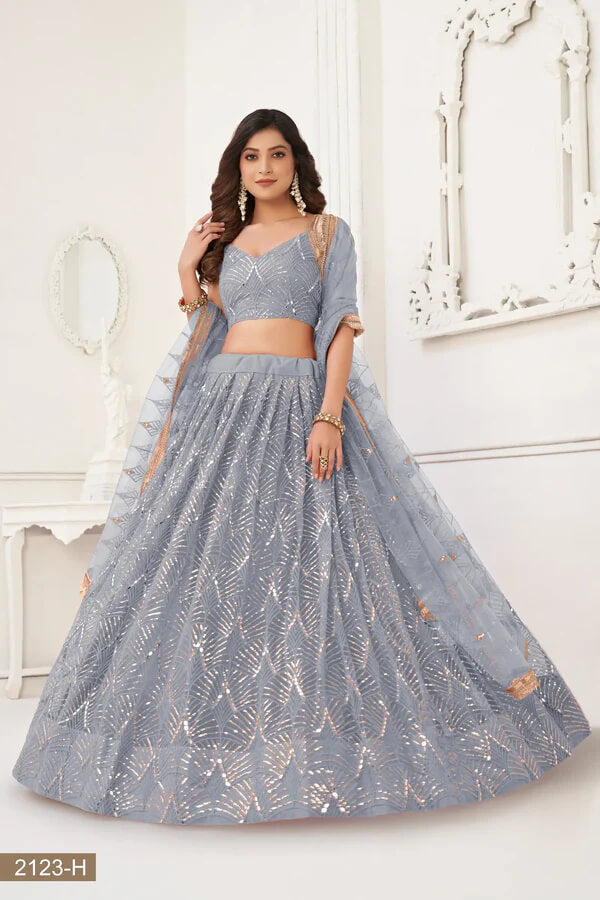 Graceful Light Grey Net Lehenga with Sequins