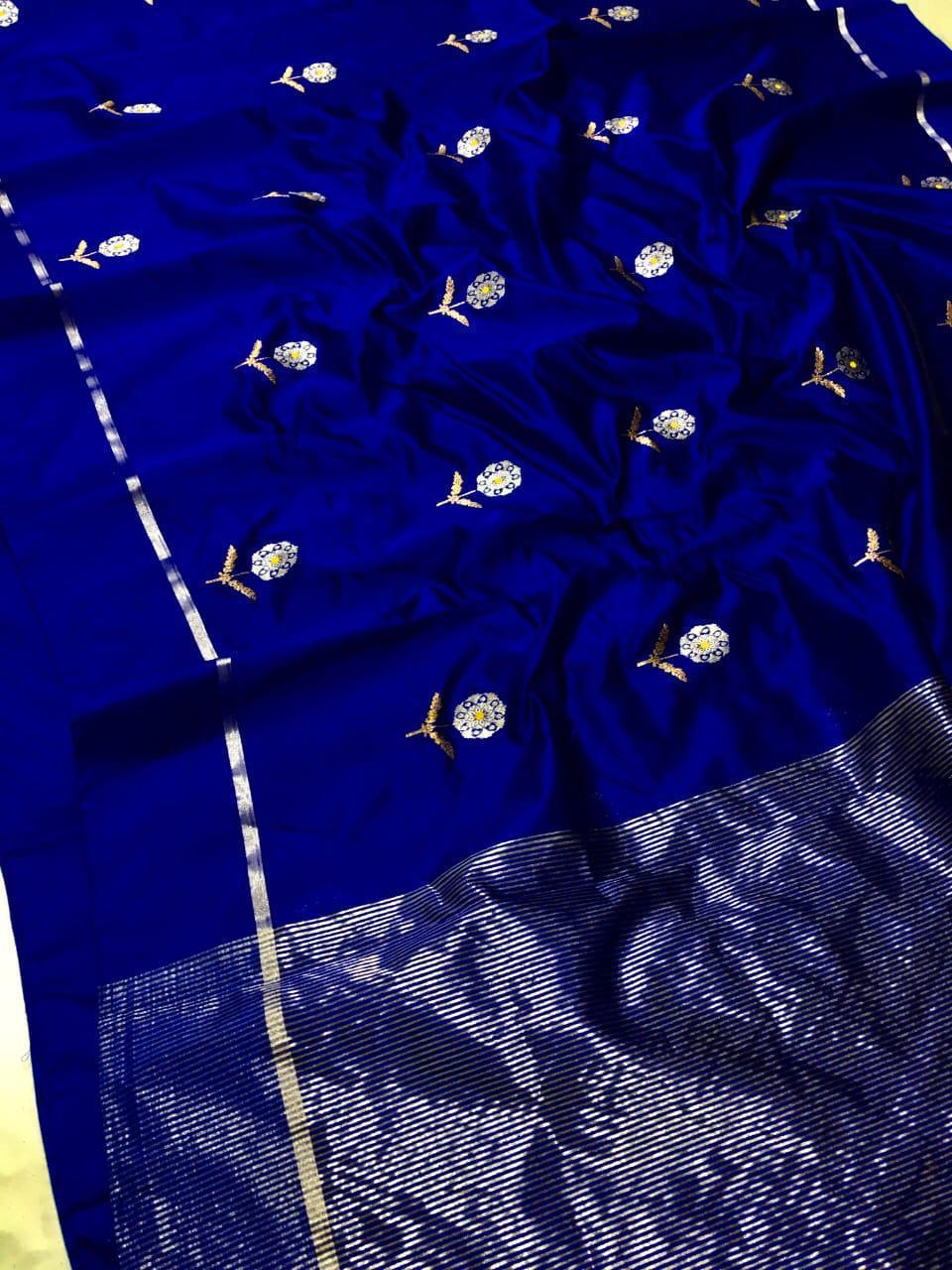 Azure Blue Chanderi Handloom Pattu Silk Meenakari Saree
