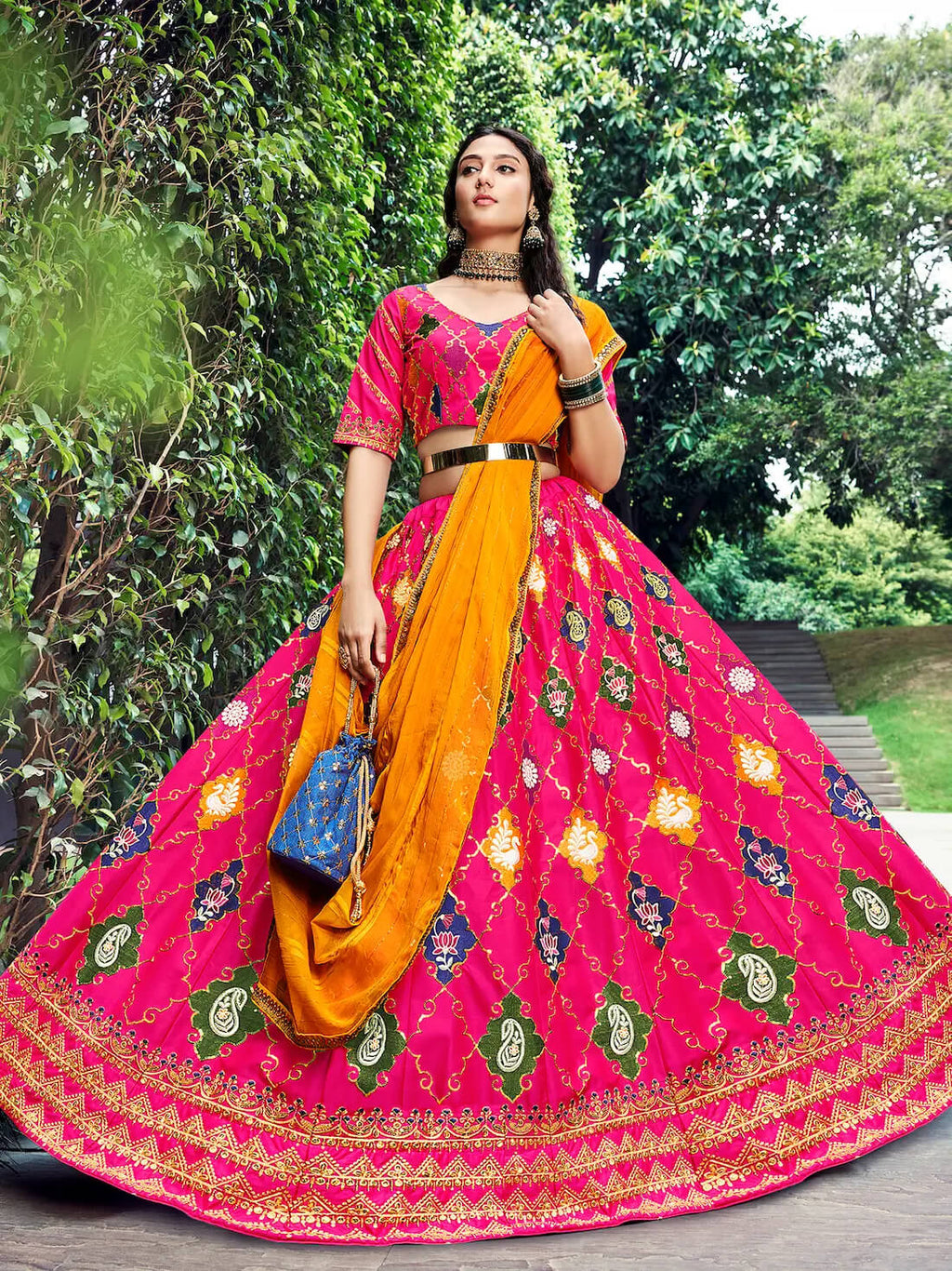 Deep Pink Silk Lehenga Choli with Designer Thread Work