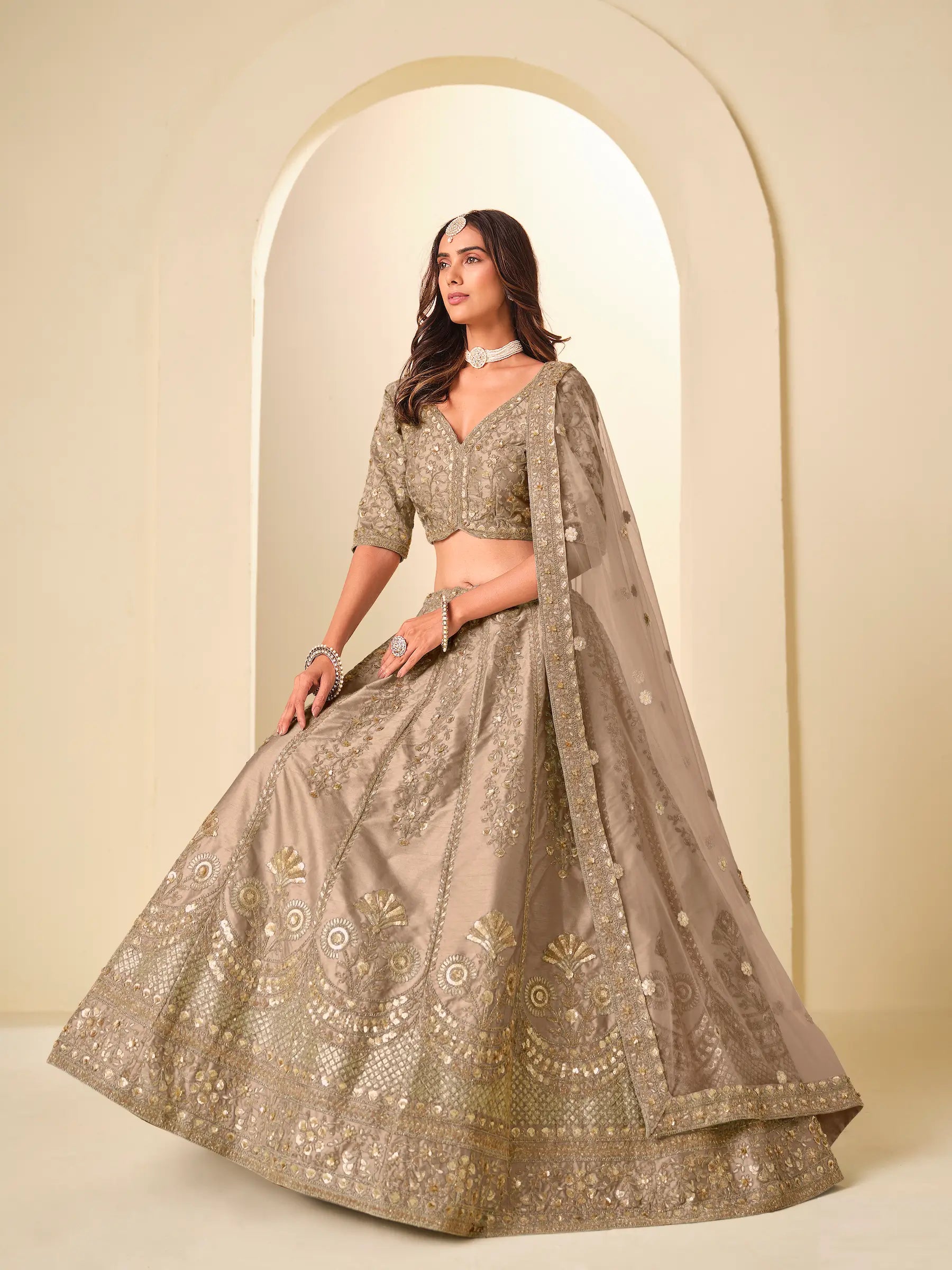 Pale Brown Sequins Embroidery Art Silk Lehenga Choli