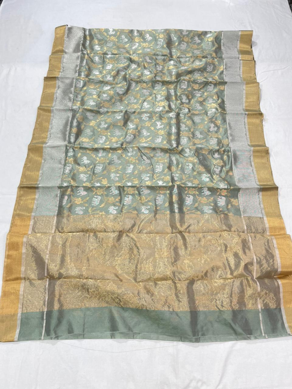 Sage Green Chanderi Handloom Pattu Silk Shikargah Handwork Saree