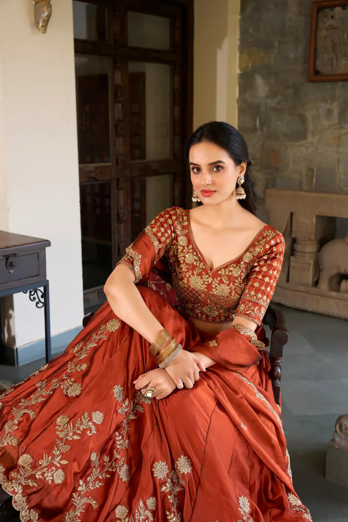 Rust Orange Rangoli Silk Lehenga Choli With Sequins and Thread Embroidery Work