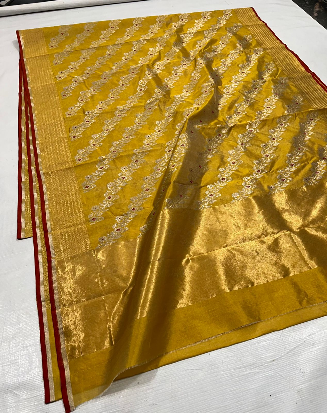 Turmeric Yellow Chanderi Handloom Pattu Silk Meenakari Handwork Saree