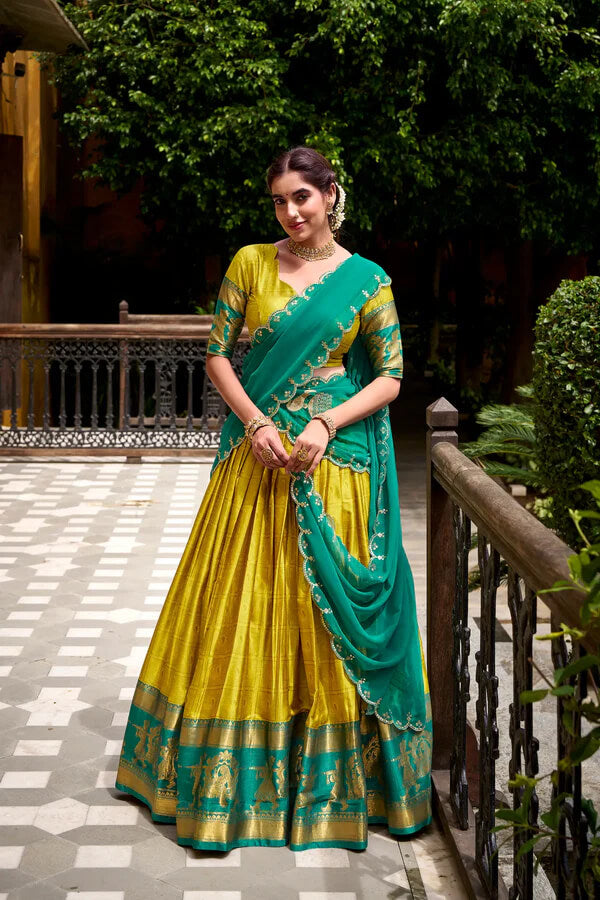 Ethnic Burnt Yellow Cotton Lehenga with Zari Embroidery