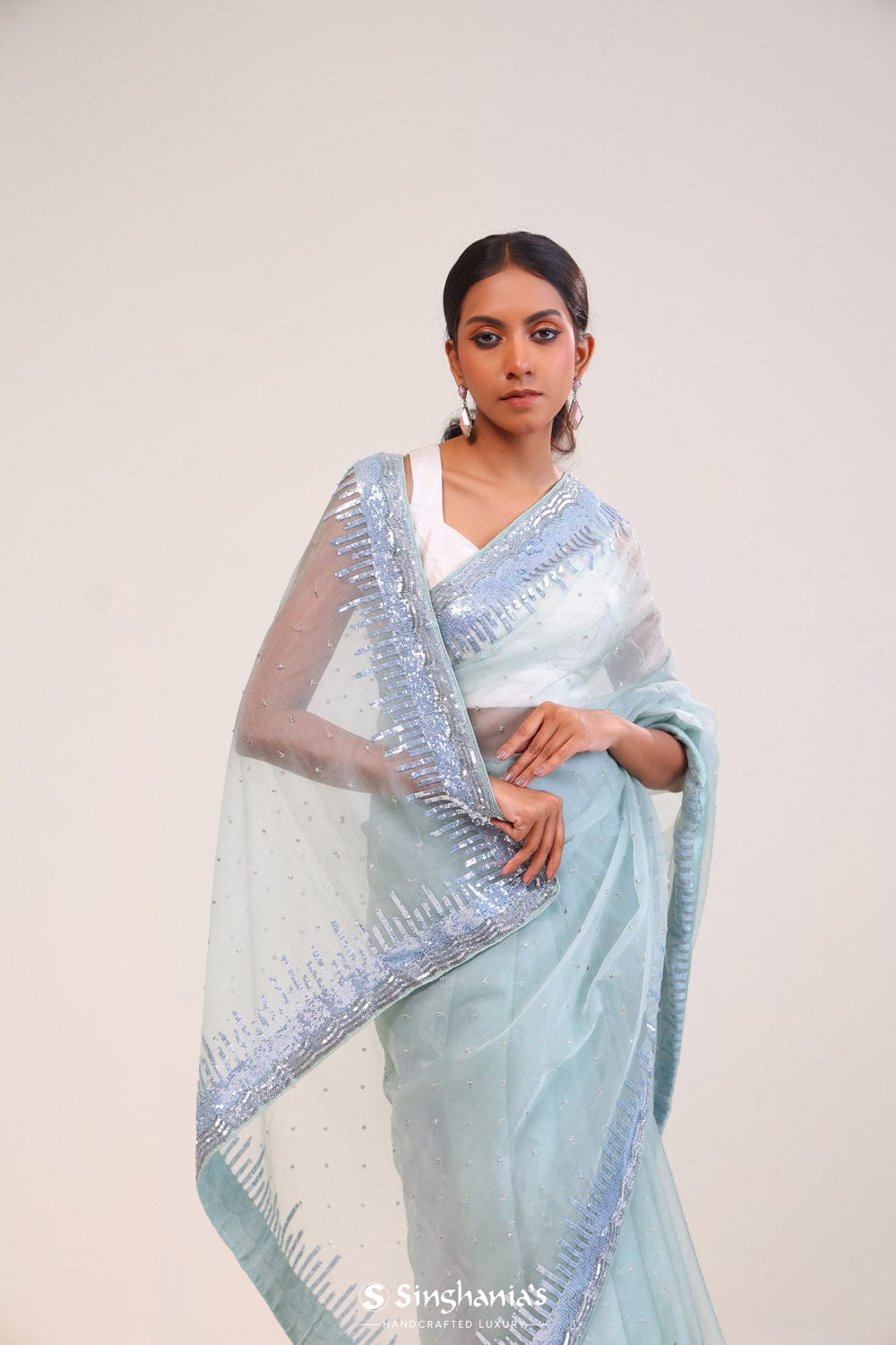 Powder Blue Hand Embroidered Organza Silk Saree