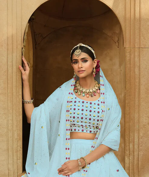 Elegant Sky Blue Georgette Embroidered Lehenga Choli